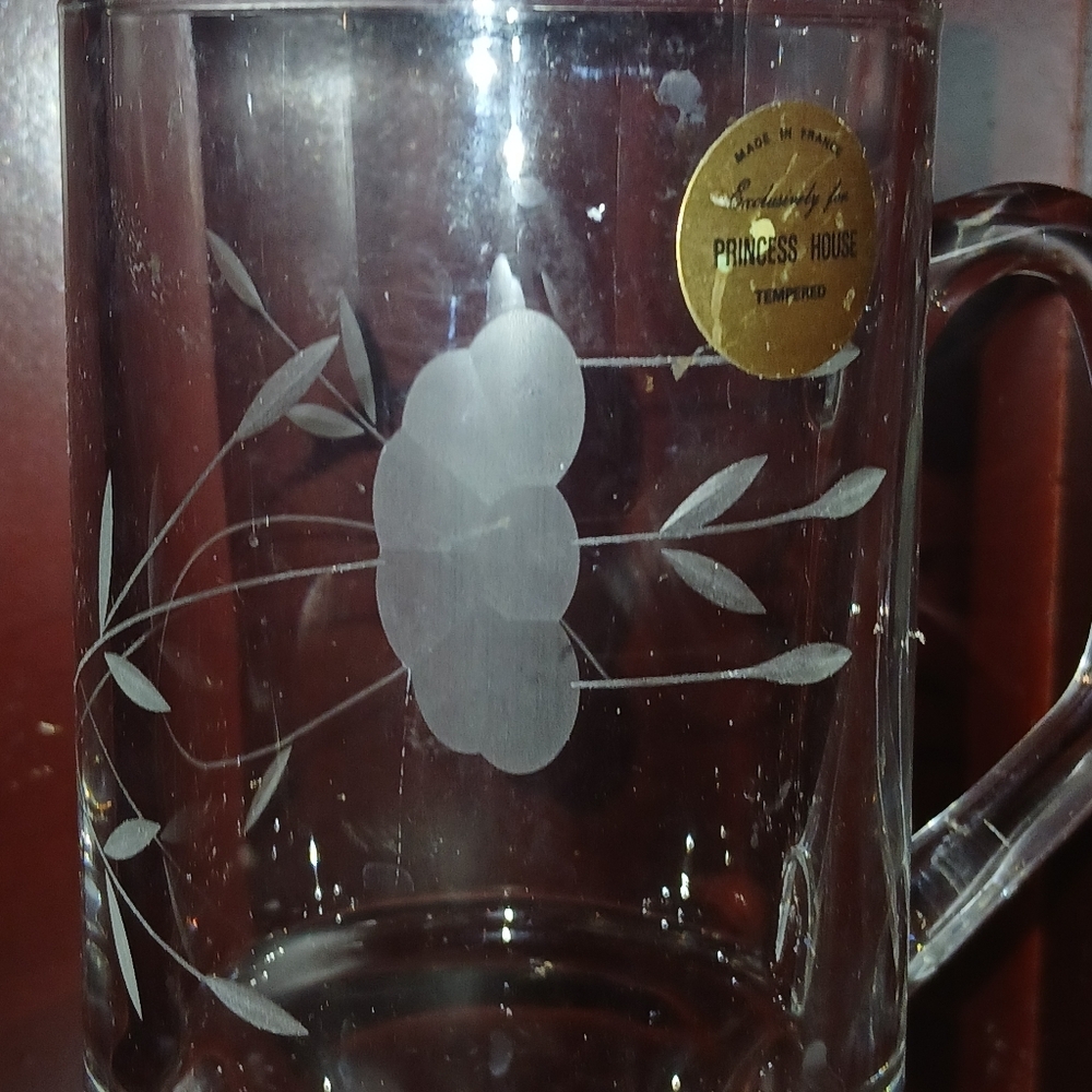 Vintage Etched Glass Coffee Mugs Irish Pedestal Cups Princess House - Picture 3 of 13